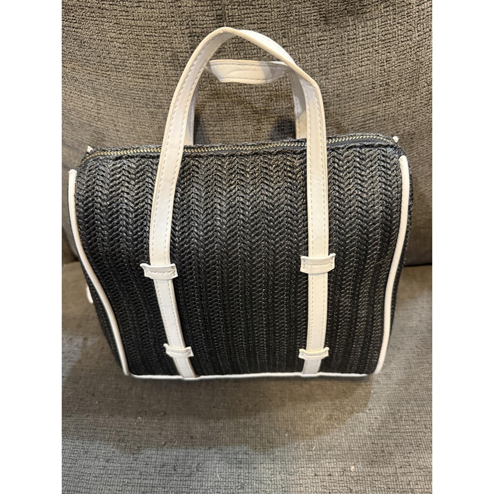 Who What Wear Satchel Bag Womens Small Black White Chevron Top Handle Woven